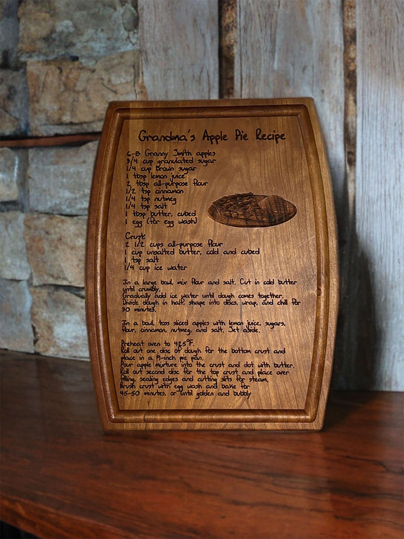 Wooden cutting board with a laser-engraved recipe for Grandma&