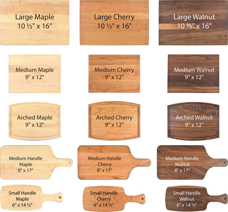 Collection of wooden cutting boards in various sizes and wood types, including cherry, maple, and walnut. The designs feature options with handles and arched edges, accompanied by dimensions for each style.