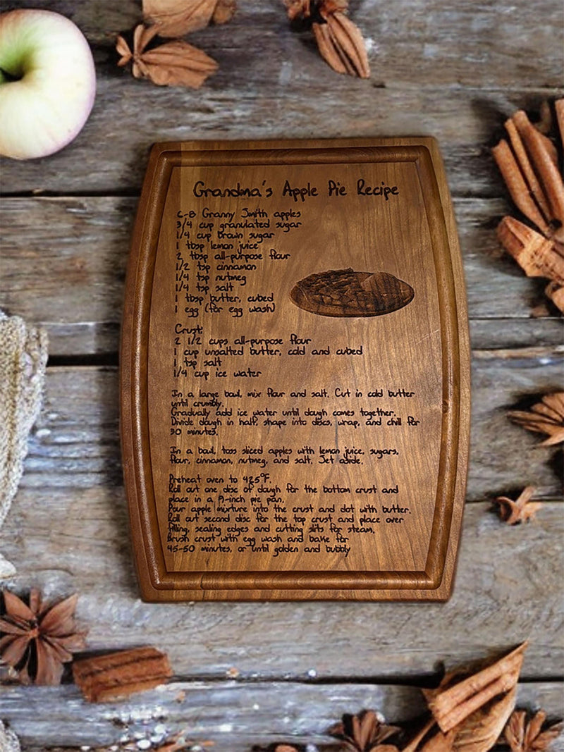 Wooden cutting board with a laser-engraved recipe for Grandma&